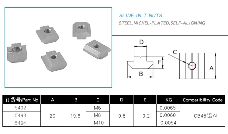 5492 Slot 10 Aluminum T Nuts for 45 Aluminium Extrusion